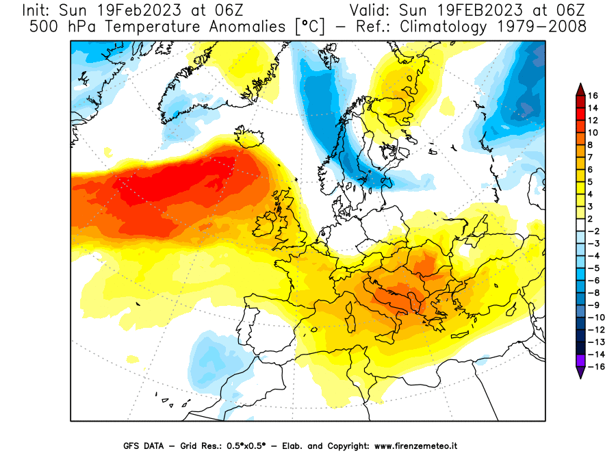 Mappa di analisi GFS - Anomalia Temperatura [°C] a 500 hPa in Europa
							del 19/02/2023 06 <!--googleoff: index-->UTC<!--googleon: index-->