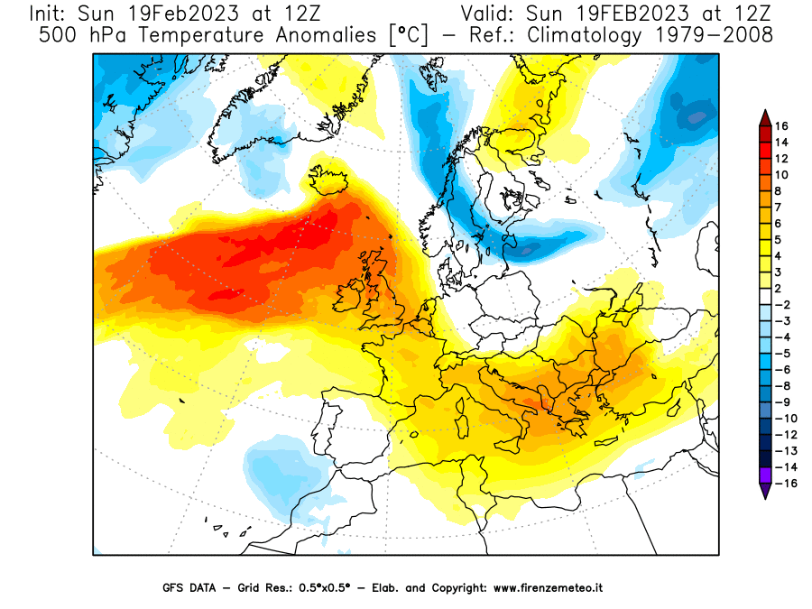 Mappa di analisi GFS - Anomalia Temperatura [°C] a 500 hPa in Europa
							del 19/02/2023 12 <!--googleoff: index-->UTC<!--googleon: index-->