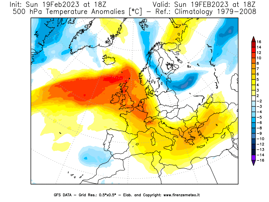 Mappa di analisi GFS - Anomalia Temperatura [°C] a 500 hPa in Europa
							del 19/02/2023 18 <!--googleoff: index-->UTC<!--googleon: index-->