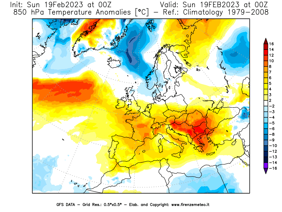 Mappa di analisi GFS - Anomalia Temperatura [°C] a 850 hPa in Europa
							del 19/02/2023 00 <!--googleoff: index-->UTC<!--googleon: index-->
