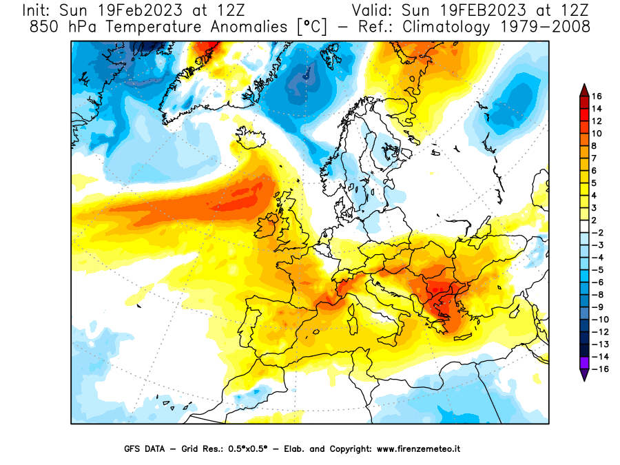 Mappa di analisi GFS - Anomalia Temperatura [°C] a 850 hPa in Europa
							del 19/02/2023 12 <!--googleoff: index-->UTC<!--googleon: index-->