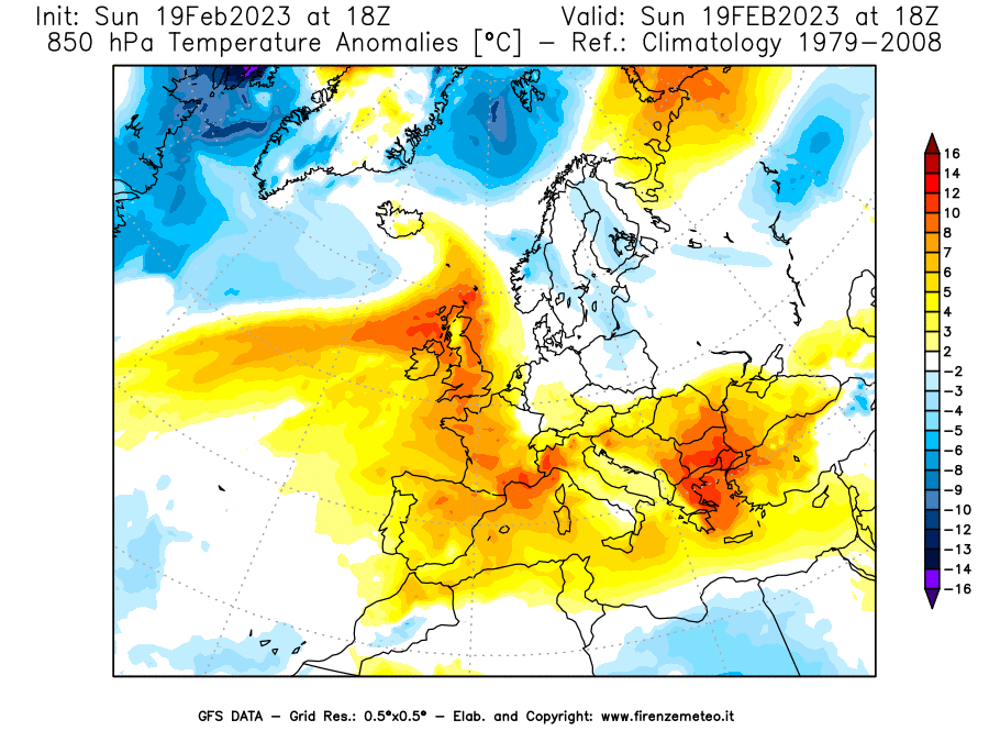 Mappa di analisi GFS - Anomalia Temperatura [°C] a 850 hPa in Europa
							del 19/02/2023 18 <!--googleoff: index-->UTC<!--googleon: index-->