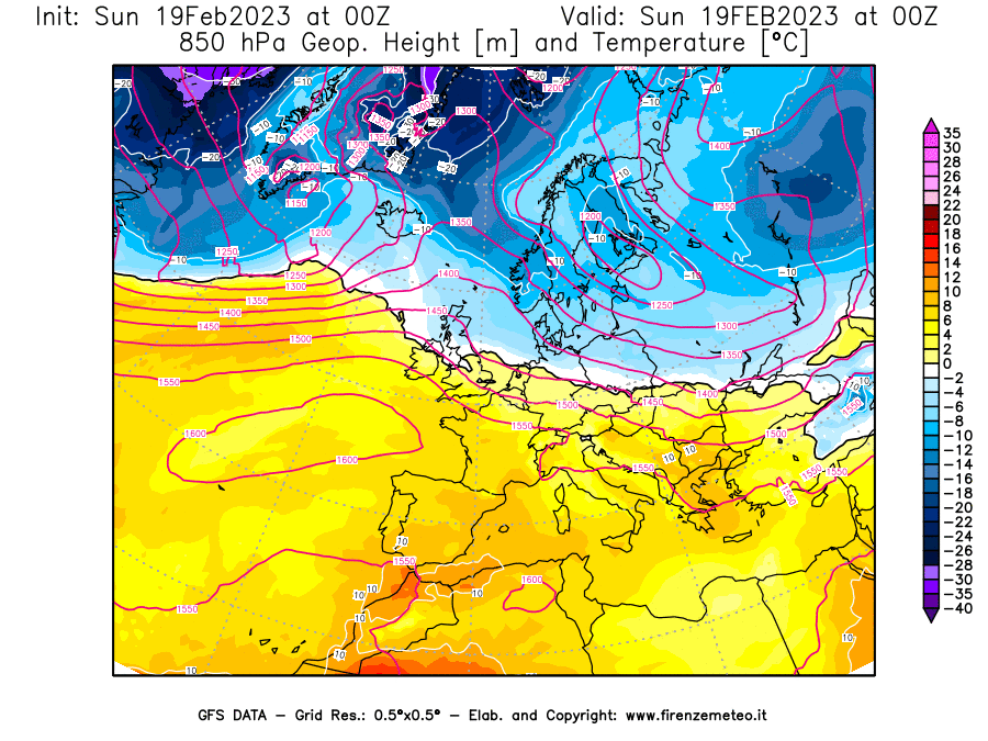Mappa di analisi GFS - Geopotenziale [m] e Temperatura [°C] a 850 hPa in Europa
							del 19/02/2023 00 <!--googleoff: index-->UTC<!--googleon: index-->