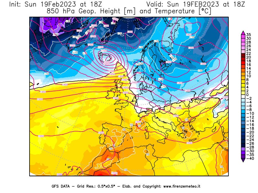 Mappa di analisi GFS - Geopotenziale [m] e Temperatura [°C] a 850 hPa in Europa
							del 19/02/2023 18 <!--googleoff: index-->UTC<!--googleon: index-->