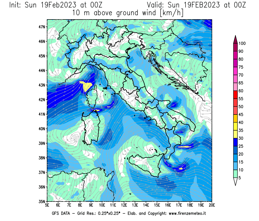 Mappa di analisi GFS - Velocità del vento a 10 metri dal suolo [km/h] in Italia
							del 19/02/2023 00 <!--googleoff: index-->UTC<!--googleon: index-->
