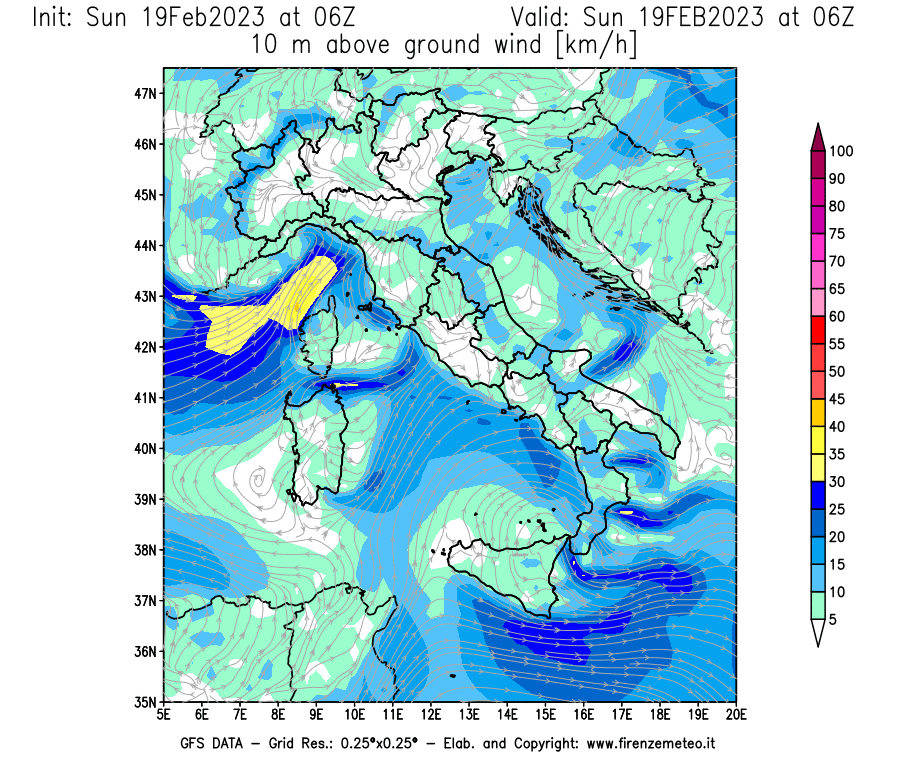 Mappa di analisi GFS - Velocità del vento a 10 metri dal suolo [km/h] in Italia
							del 19/02/2023 06 <!--googleoff: index-->UTC<!--googleon: index-->