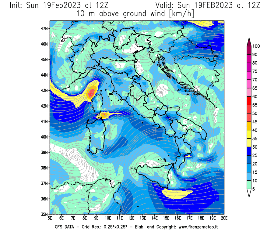 Mappa di analisi GFS - Velocità del vento a 10 metri dal suolo [km/h] in Italia
							del 19/02/2023 12 <!--googleoff: index-->UTC<!--googleon: index-->