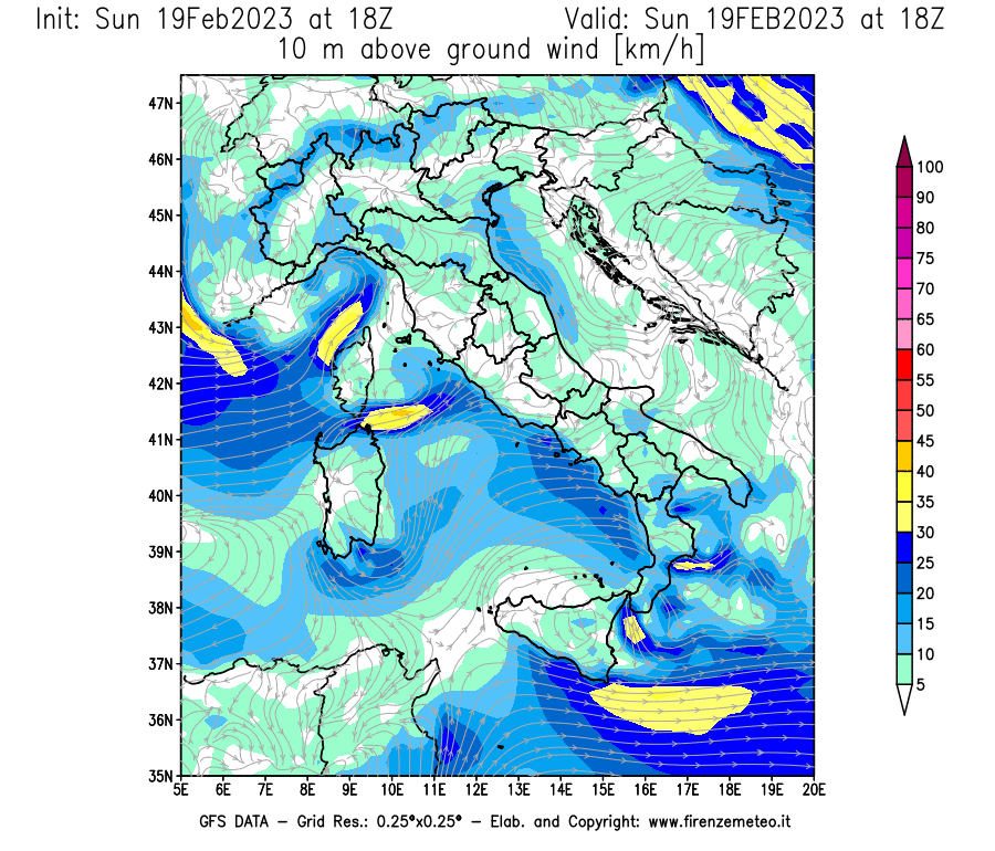 Mappa di analisi GFS - Velocità del vento a 10 metri dal suolo [km/h] in Italia
							del 19/02/2023 18 <!--googleoff: index-->UTC<!--googleon: index-->
