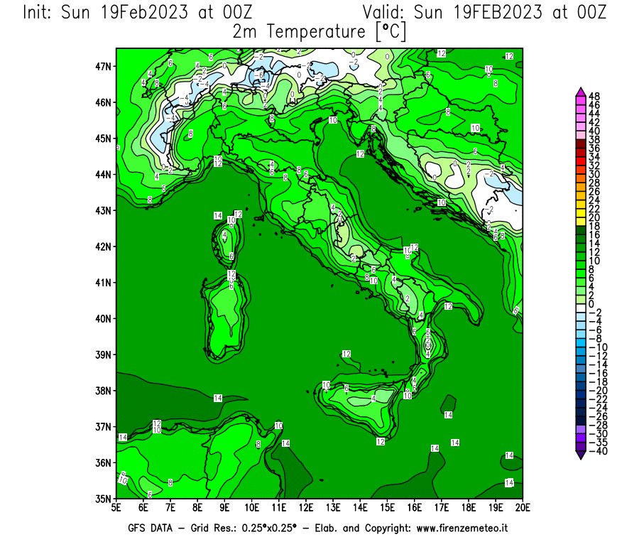 Mappa di analisi GFS - Temperatura a 2 metri dal suolo [°C] in Italia
							del 19/02/2023 00 <!--googleoff: index-->UTC<!--googleon: index-->