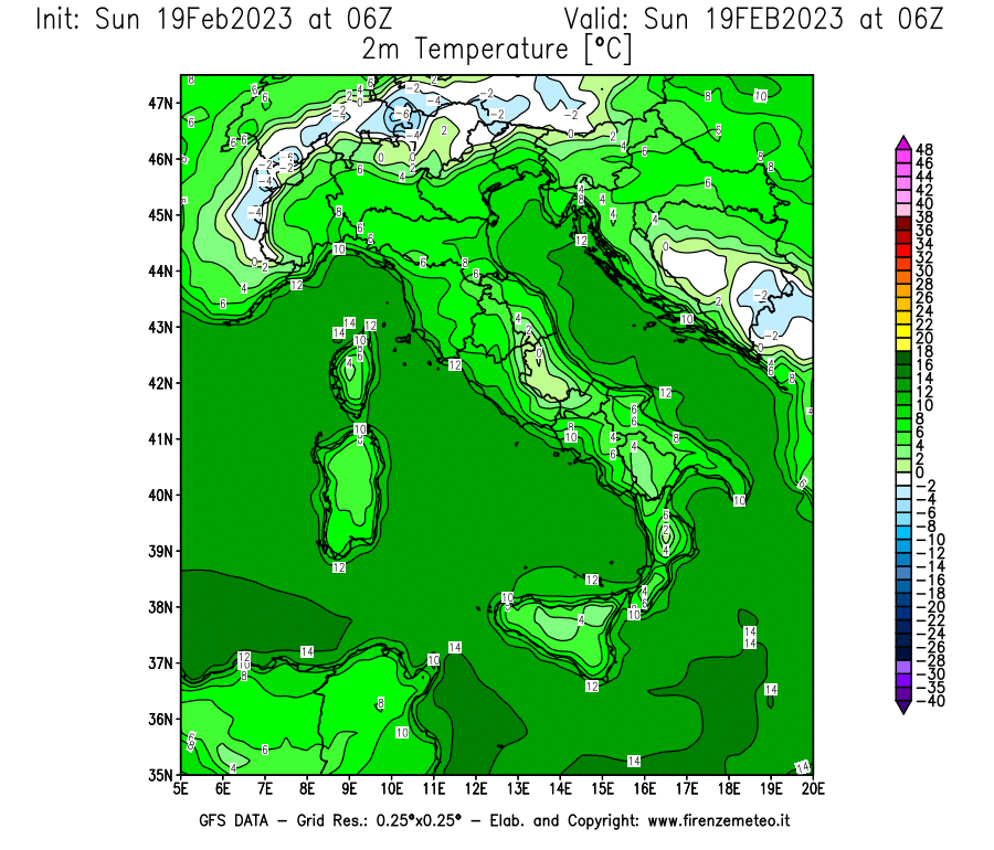 Mappa di analisi GFS - Temperatura a 2 metri dal suolo [°C] in Italia
							del 19/02/2023 06 <!--googleoff: index-->UTC<!--googleon: index-->