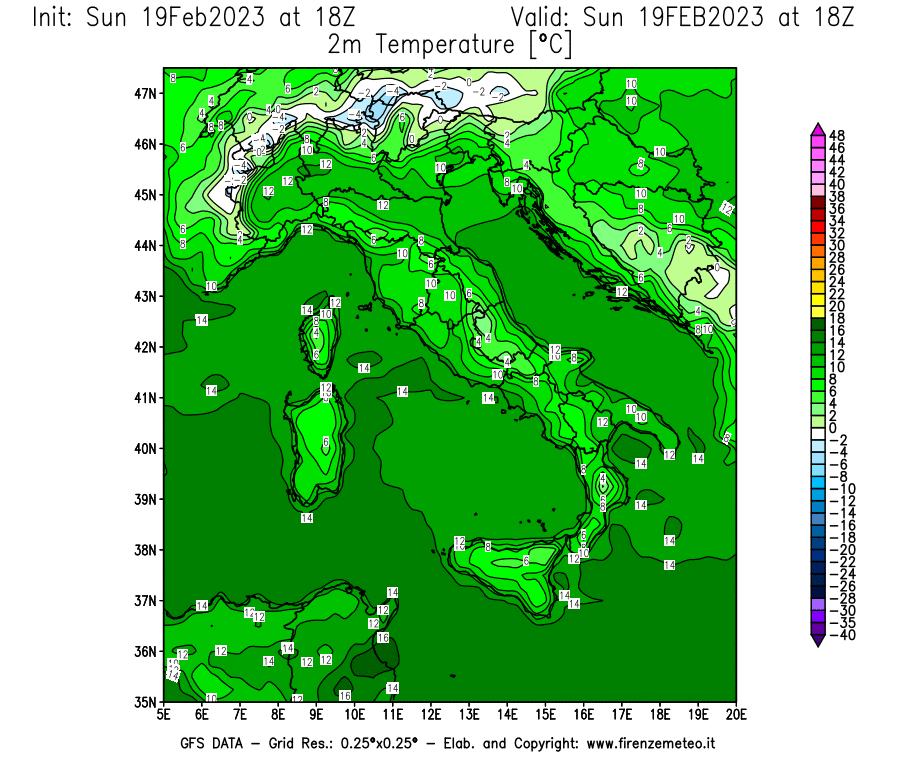 Mappa di analisi GFS - Temperatura a 2 metri dal suolo [°C] in Italia
							del 19/02/2023 18 <!--googleoff: index-->UTC<!--googleon: index-->