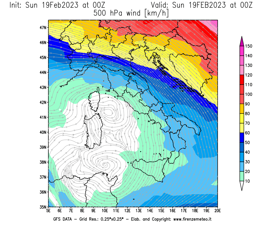 Mappa di analisi GFS - Velocità del vento a 500 hPa [km/h] in Italia
							del 19/02/2023 00 <!--googleoff: index-->UTC<!--googleon: index-->
