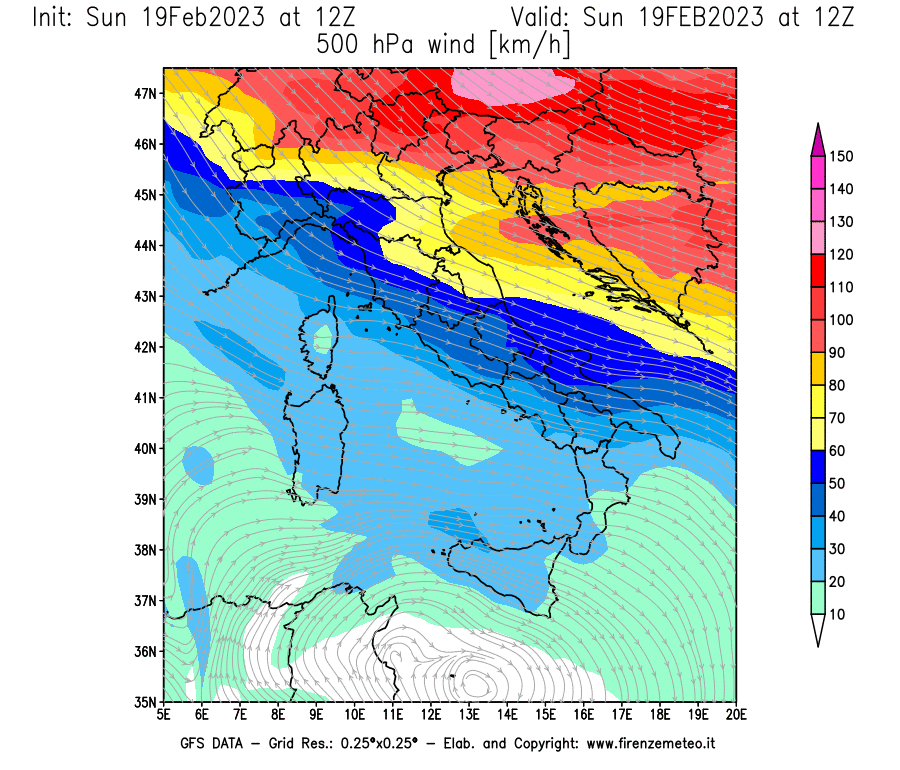 Mappa di analisi GFS - Velocità del vento a 500 hPa [km/h] in Italia
							del 19/02/2023 12 <!--googleoff: index-->UTC<!--googleon: index-->