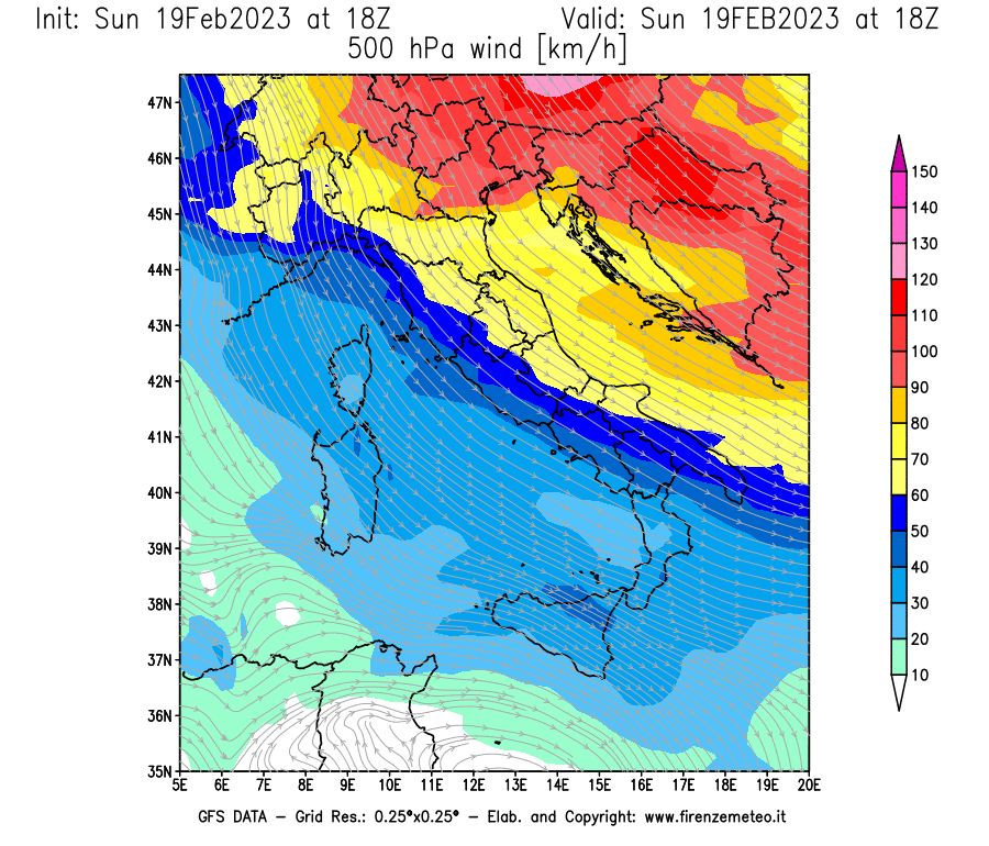 Mappa di analisi GFS - Velocità del vento a 500 hPa [km/h] in Italia
							del 19/02/2023 18 <!--googleoff: index-->UTC<!--googleon: index-->
