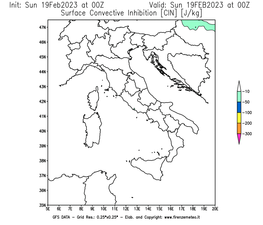 Mappa di analisi GFS - CIN [J/kg] in Italia
							del 19/02/2023 00 <!--googleoff: index-->UTC<!--googleon: index-->