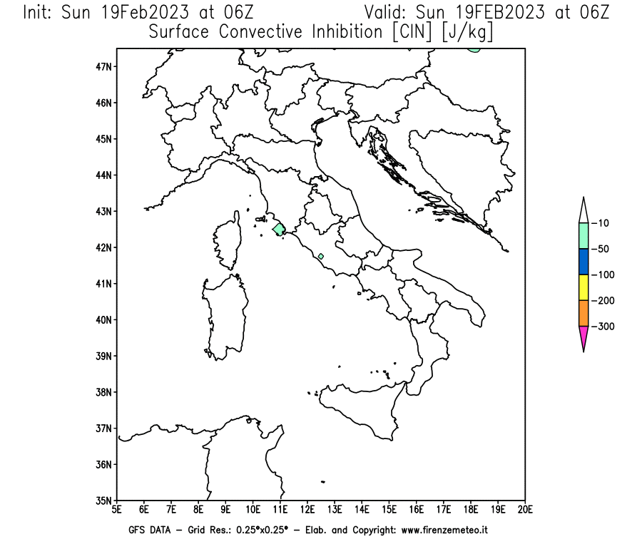 Mappa di analisi GFS - CIN [J/kg] in Italia
							del 19/02/2023 06 <!--googleoff: index-->UTC<!--googleon: index-->