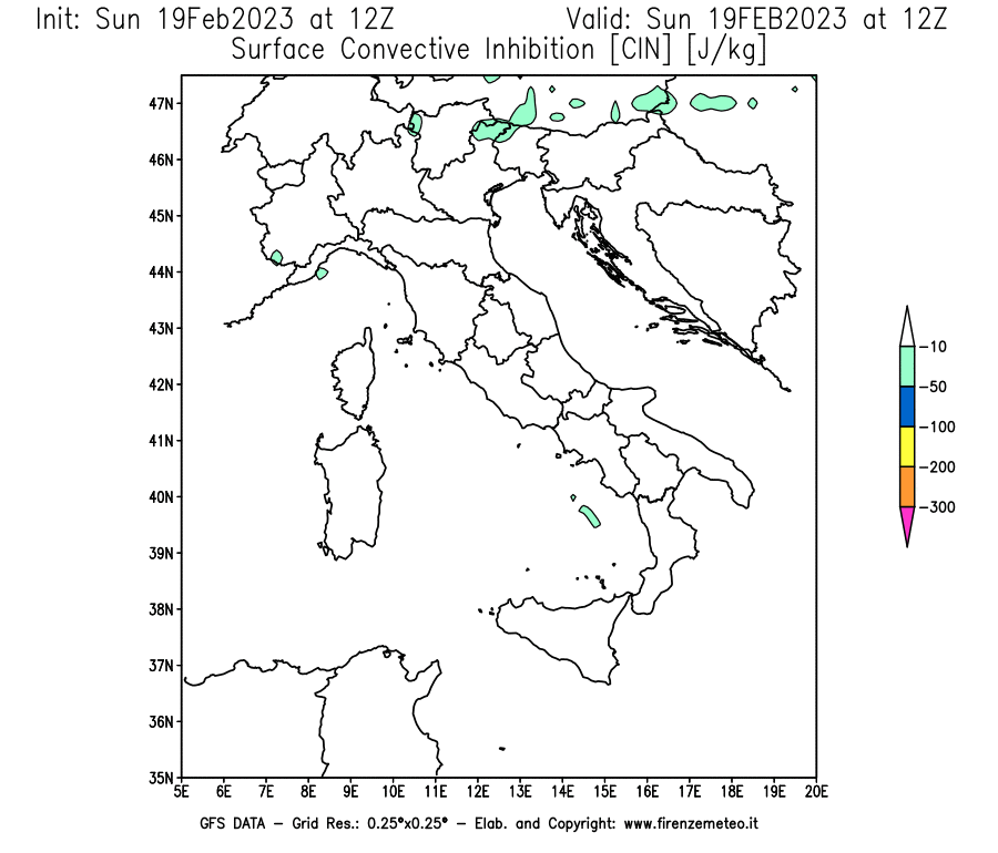 Mappa di analisi GFS - CIN [J/kg] in Italia
							del 19/02/2023 12 <!--googleoff: index-->UTC<!--googleon: index-->