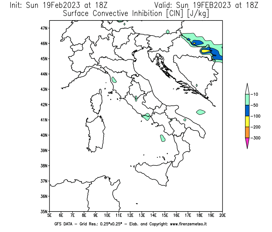Mappa di analisi GFS - CIN [J/kg] in Italia
							del 19/02/2023 18 <!--googleoff: index-->UTC<!--googleon: index-->