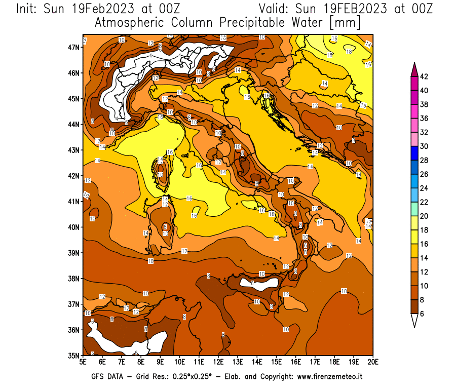 Mappa di analisi GFS - Precipitable Water [mm] in Italia
							del 19/02/2023 00 <!--googleoff: index-->UTC<!--googleon: index-->