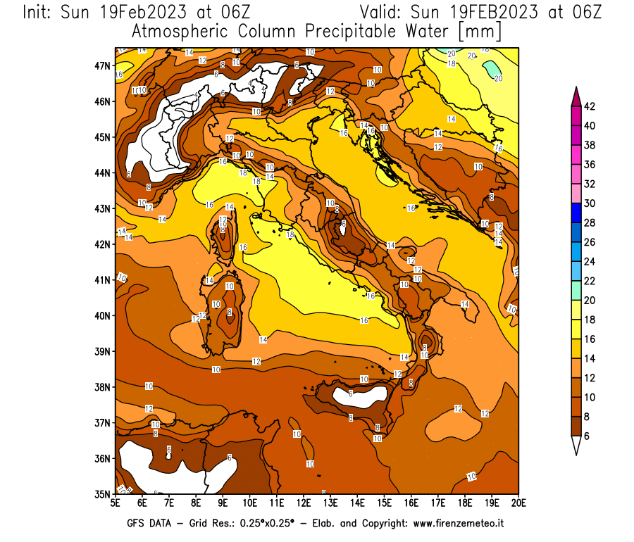 Mappa di analisi GFS - Precipitable Water [mm] in Italia
							del 19/02/2023 06 <!--googleoff: index-->UTC<!--googleon: index-->