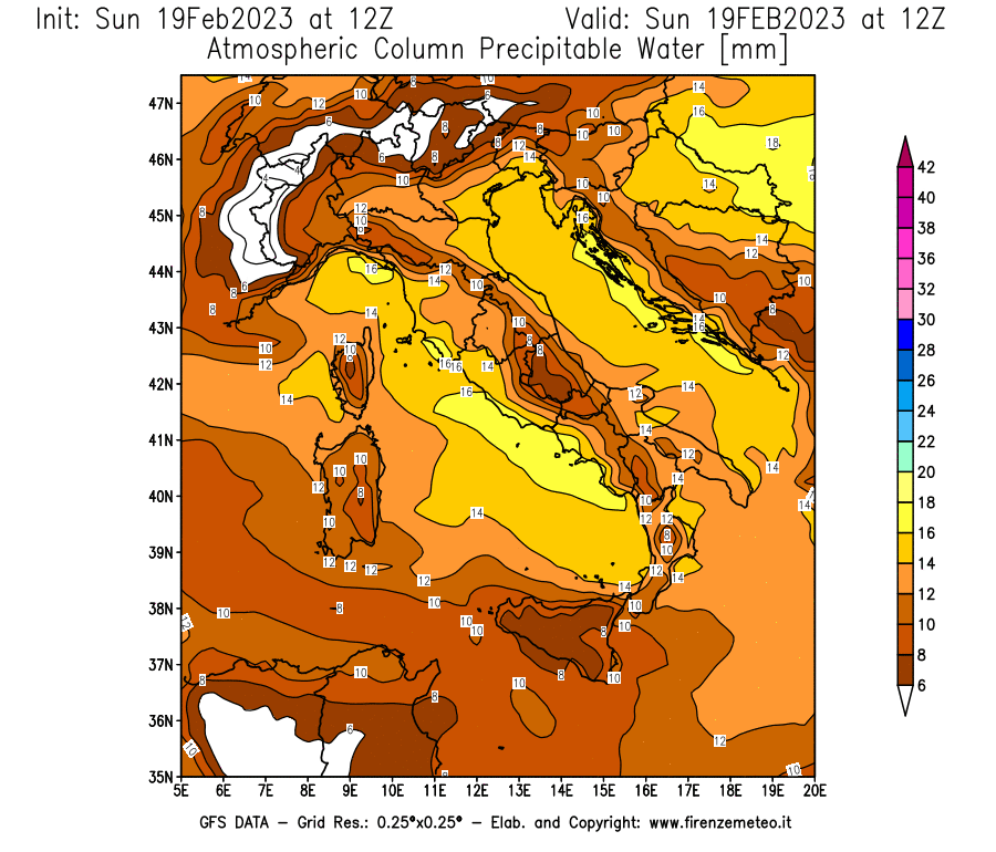 Mappa di analisi GFS - Precipitable Water [mm] in Italia
							del 19/02/2023 12 <!--googleoff: index-->UTC<!--googleon: index-->