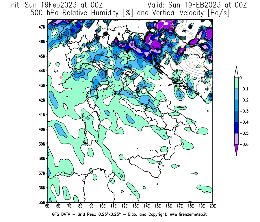 Mappa di analisi GFS - Umidità relativa [%] e Omega [Pa/s] a 500 hPa in Italia
							del 19/02/2023 00 <!--googleoff: index-->UTC<!--googleon: index-->