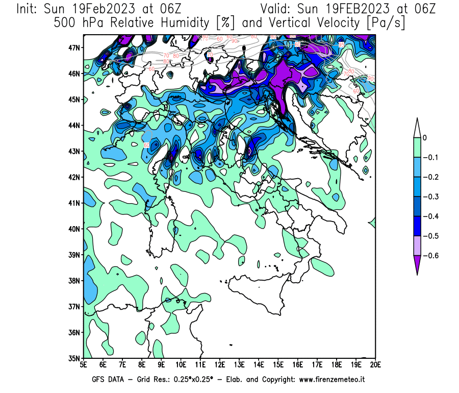 Mappa di analisi GFS - Umidità relativa [%] e Omega [Pa/s] a 500 hPa in Italia
							del 19/02/2023 06 <!--googleoff: index-->UTC<!--googleon: index-->