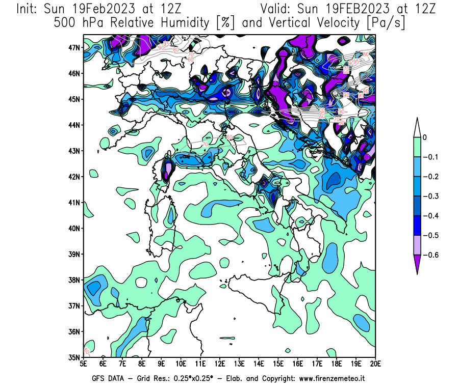 Mappa di analisi GFS - Umidità relativa [%] e Omega [Pa/s] a 500 hPa in Italia
							del 19/02/2023 12 <!--googleoff: index-->UTC<!--googleon: index-->
