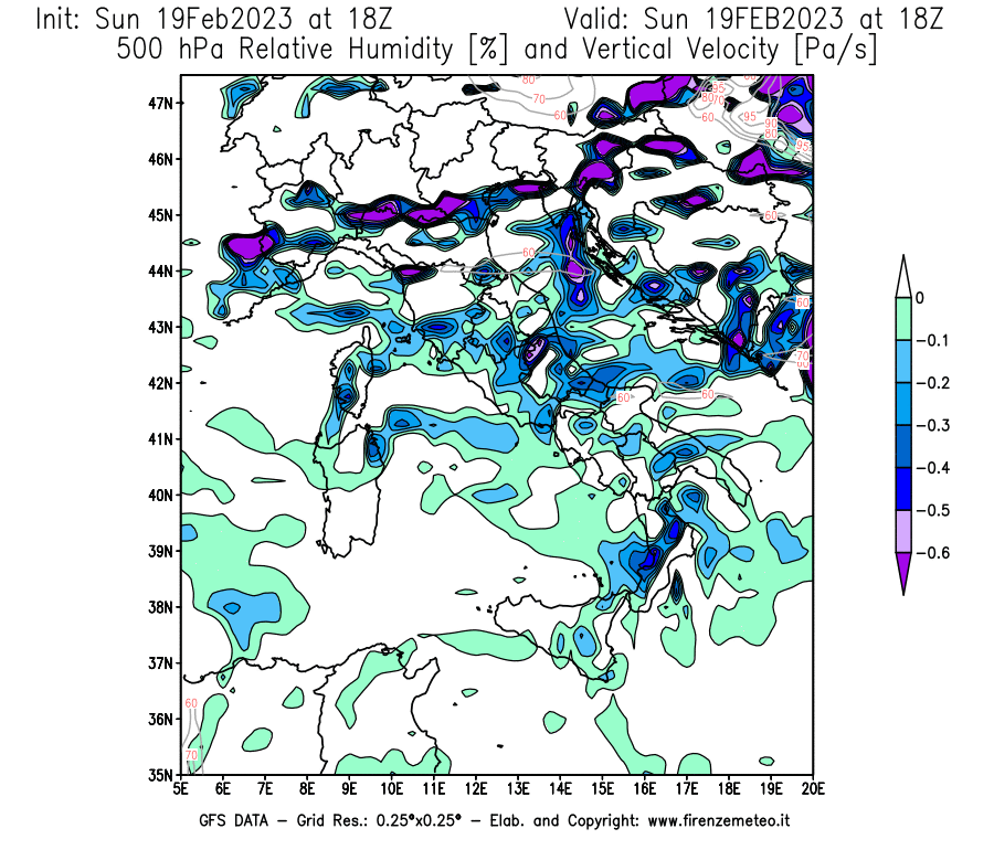 Mappa di analisi GFS - Umidità relativa [%] e Omega [Pa/s] a 500 hPa in Italia
							del 19/02/2023 18 <!--googleoff: index-->UTC<!--googleon: index-->
