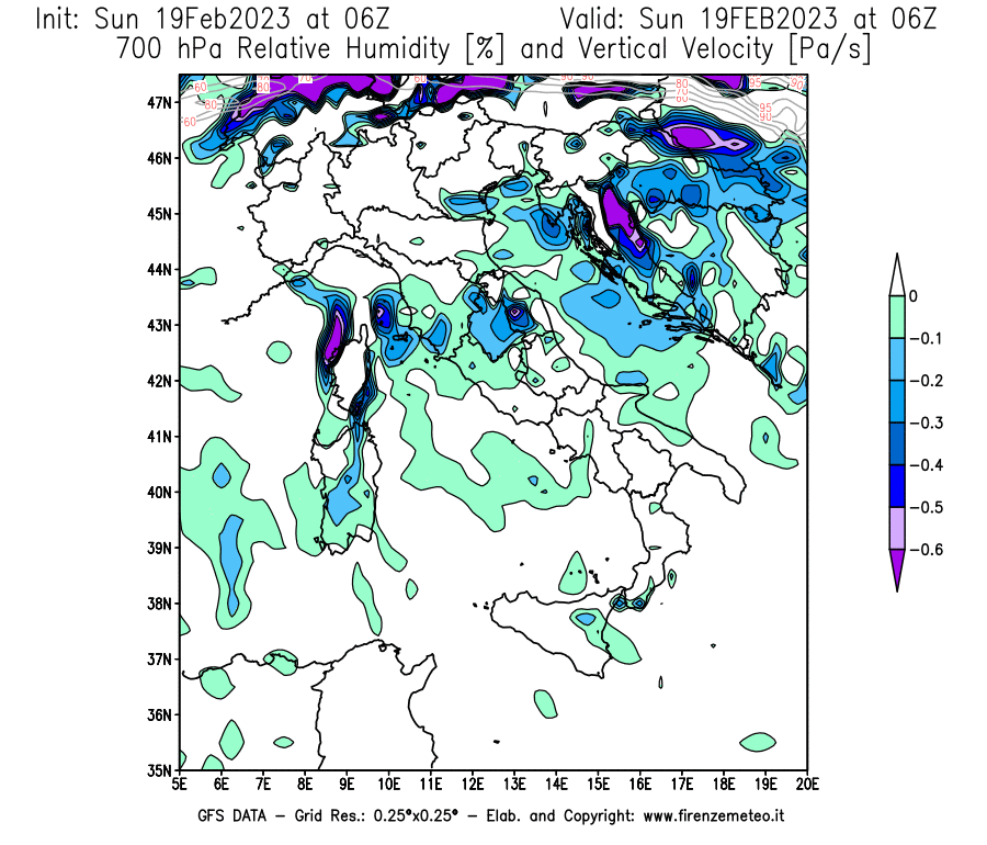 Mappa di analisi GFS - Umidità relativa [%] e Omega [Pa/s] a 700 hPa in Italia
							del 19/02/2023 06 <!--googleoff: index-->UTC<!--googleon: index-->