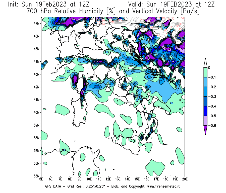Mappa di analisi GFS - Umidità relativa [%] e Omega [Pa/s] a 700 hPa in Italia
							del 19/02/2023 12 <!--googleoff: index-->UTC<!--googleon: index-->