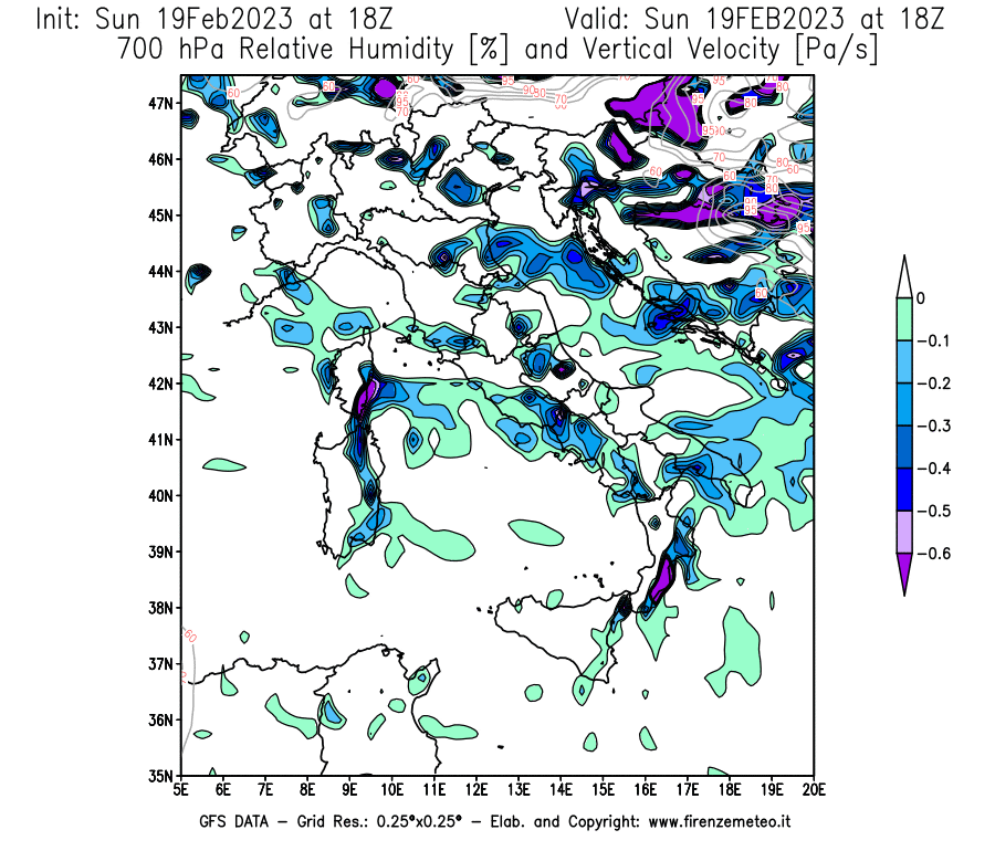 Mappa di analisi GFS - Umidità relativa [%] e Omega [Pa/s] a 700 hPa in Italia
							del 19/02/2023 18 <!--googleoff: index-->UTC<!--googleon: index-->