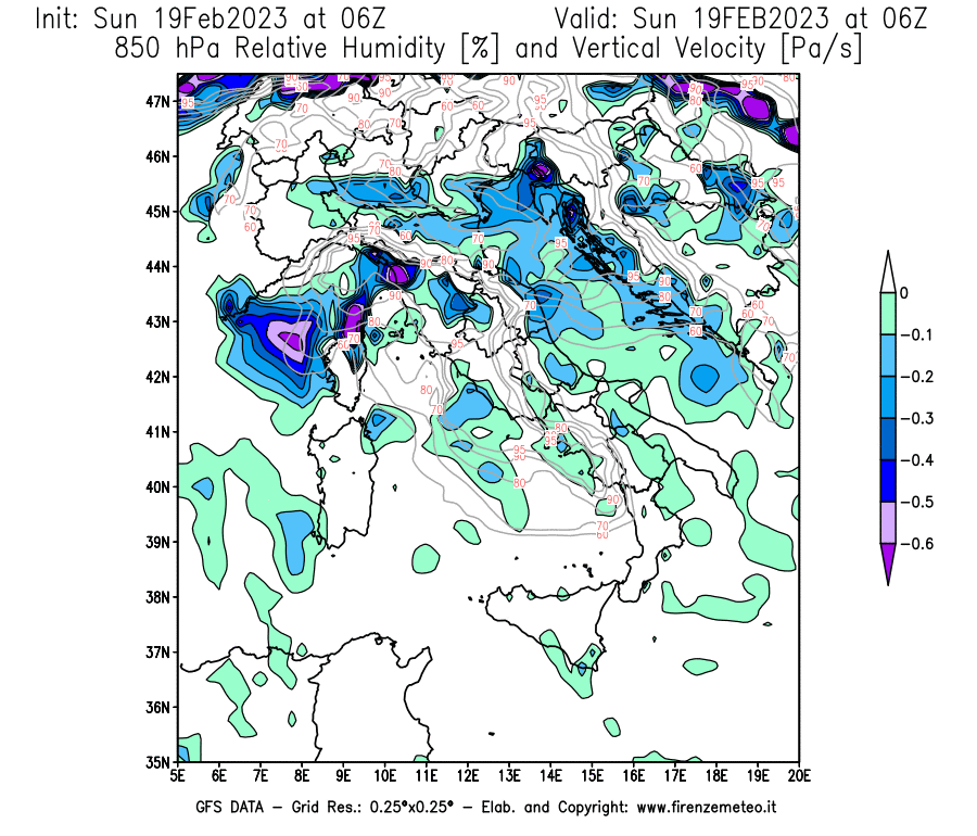 Mappa di analisi GFS - Umidità relativa [%] e Omega [Pa/s] a 850 hPa in Italia
							del 19/02/2023 06 <!--googleoff: index-->UTC<!--googleon: index-->