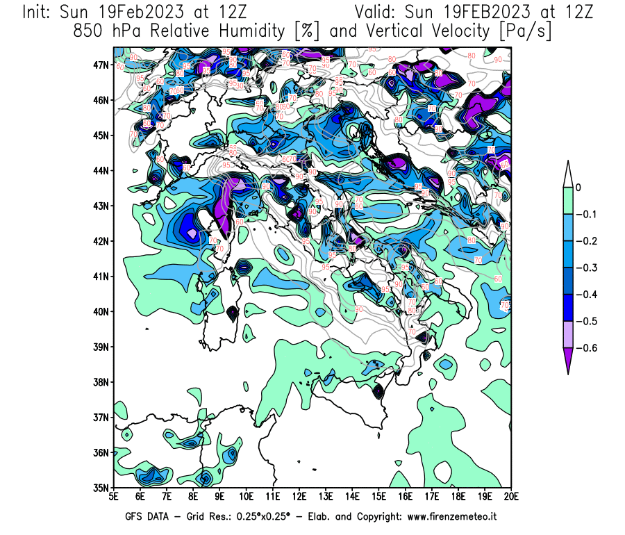 Mappa di analisi GFS - Umidità relativa [%] e Omega [Pa/s] a 850 hPa in Italia
							del 19/02/2023 12 <!--googleoff: index-->UTC<!--googleon: index-->
