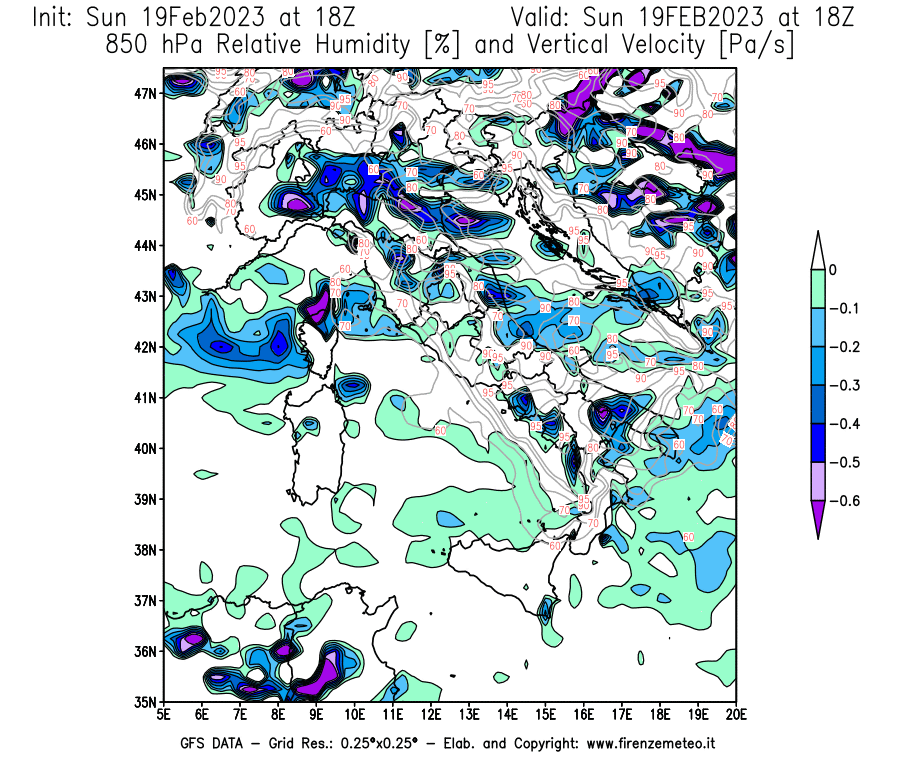 Mappa di analisi GFS - Umidità relativa [%] e Omega [Pa/s] a 850 hPa in Italia
							del 19/02/2023 18 <!--googleoff: index-->UTC<!--googleon: index-->