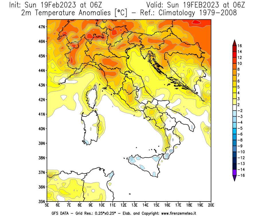 Mappa di analisi GFS - Anomalia Temperatura [°C] a 2 m in Italia
							del 19/02/2023 06 <!--googleoff: index-->UTC<!--googleon: index-->