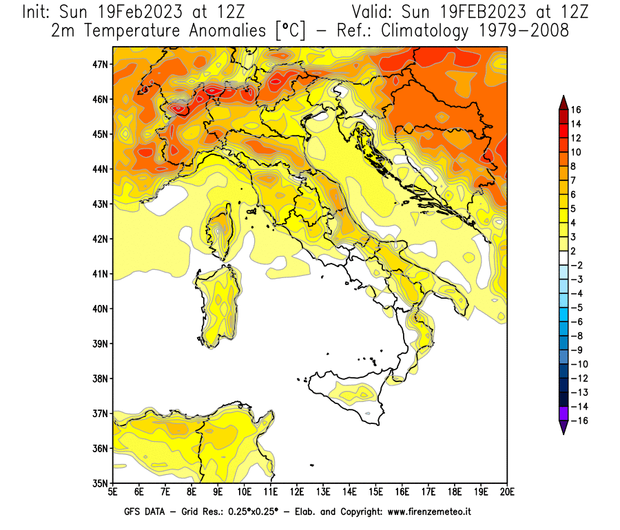 Mappa di analisi GFS - Anomalia Temperatura [°C] a 2 m in Italia
							del 19/02/2023 12 <!--googleoff: index-->UTC<!--googleon: index-->