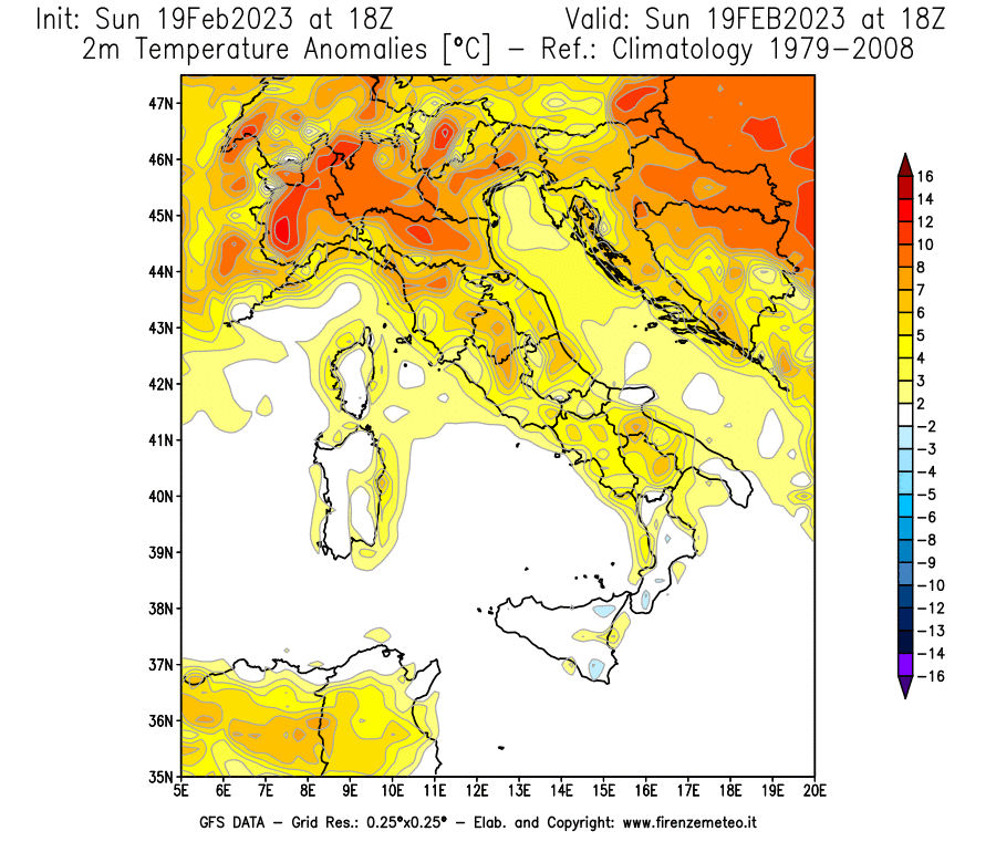 Mappa di analisi GFS - Anomalia Temperatura [°C] a 2 m in Italia
							del 19/02/2023 18 <!--googleoff: index-->UTC<!--googleon: index-->