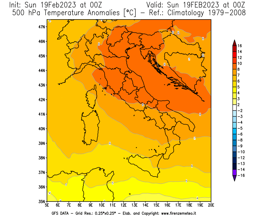 Mappa di analisi GFS - Anomalia Temperatura [°C] a 500 hPa in Italia
							del 19/02/2023 00 <!--googleoff: index-->UTC<!--googleon: index-->