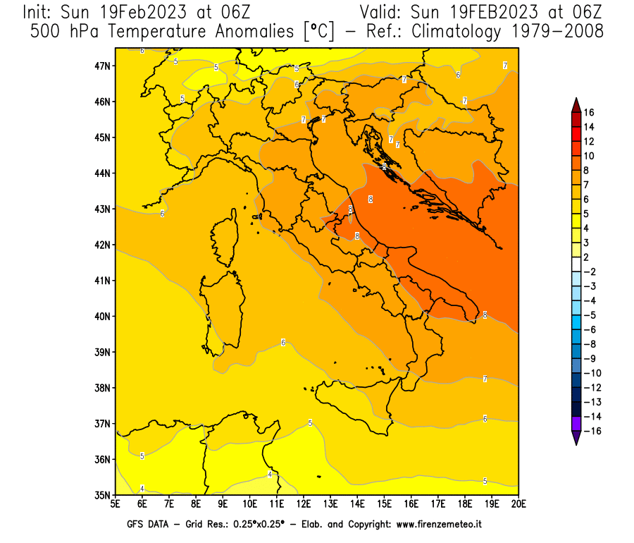 Mappa di analisi GFS - Anomalia Temperatura [°C] a 500 hPa in Italia
							del 19/02/2023 06 <!--googleoff: index-->UTC<!--googleon: index-->