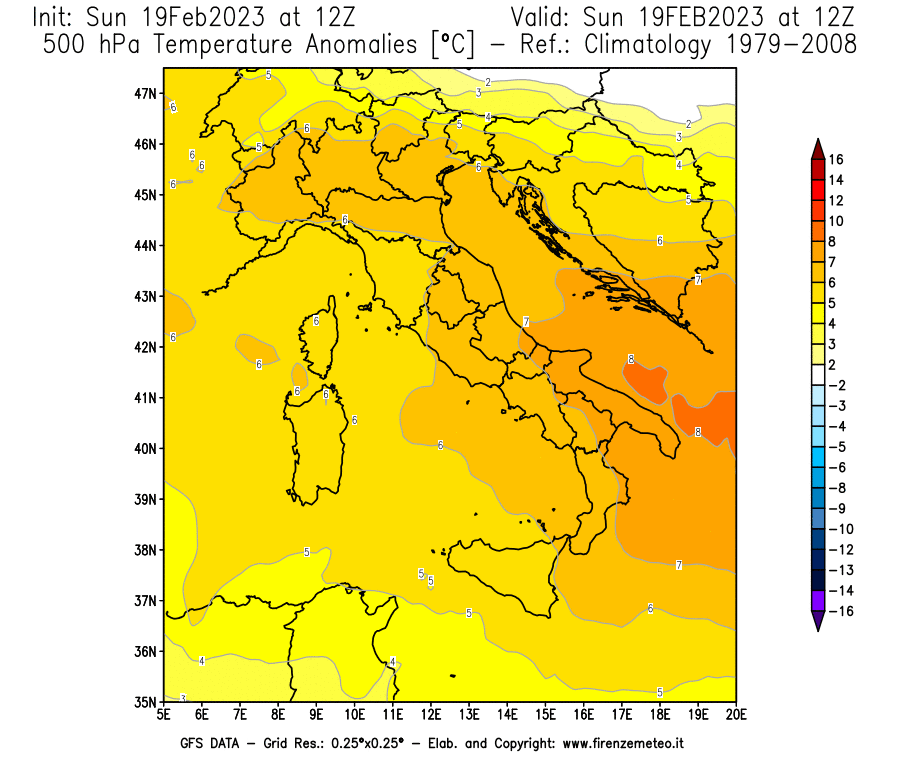 Mappa di analisi GFS - Anomalia Temperatura [°C] a 500 hPa in Italia
							del 19/02/2023 12 <!--googleoff: index-->UTC<!--googleon: index-->