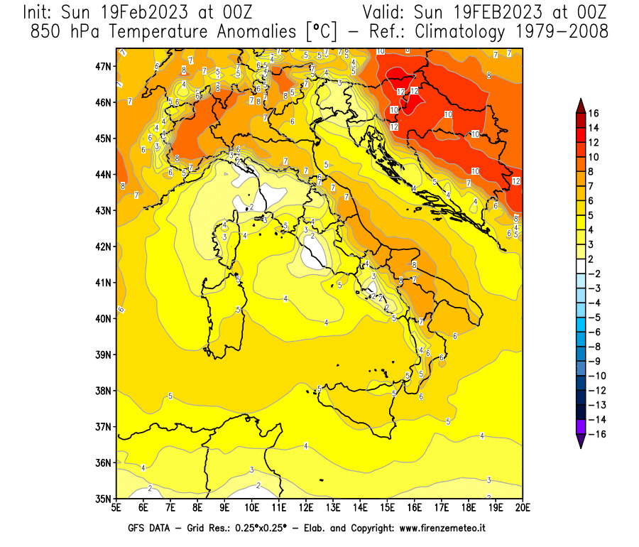 Mappa di analisi GFS - Anomalia Temperatura [°C] a 850 hPa in Italia
							del 19/02/2023 00 <!--googleoff: index-->UTC<!--googleon: index-->