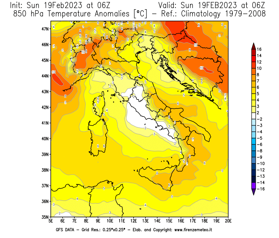 Mappa di analisi GFS - Anomalia Temperatura [°C] a 850 hPa in Italia
							del 19/02/2023 06 <!--googleoff: index-->UTC<!--googleon: index-->