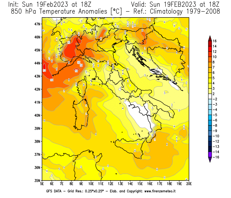 Mappa di analisi GFS - Anomalia Temperatura [°C] a 850 hPa in Italia
							del 19/02/2023 18 <!--googleoff: index-->UTC<!--googleon: index-->