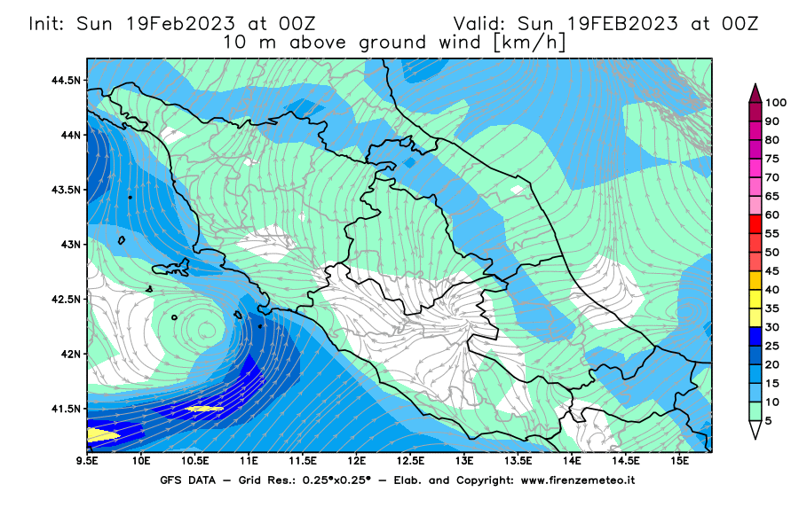 Mappa di analisi GFS - Velocità del vento a 10 metri dal suolo [km/h] in Centro-Italia
							del 19/02/2023 00 <!--googleoff: index-->UTC<!--googleon: index-->