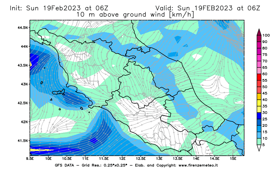 Mappa di analisi GFS - Velocità del vento a 10 metri dal suolo [km/h] in Centro-Italia
							del 19/02/2023 06 <!--googleoff: index-->UTC<!--googleon: index-->