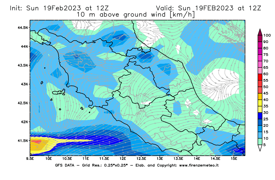 Mappa di analisi GFS - Velocità del vento a 10 metri dal suolo [km/h] in Centro-Italia
							del 19/02/2023 12 <!--googleoff: index-->UTC<!--googleon: index-->