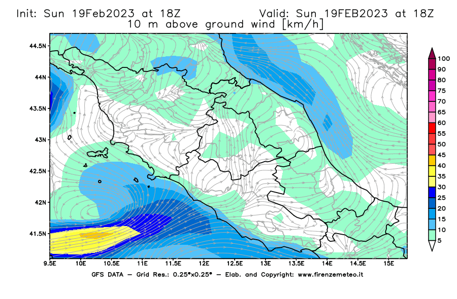 Mappa di analisi GFS - Velocità del vento a 10 metri dal suolo [km/h] in Centro-Italia
							del 19/02/2023 18 <!--googleoff: index-->UTC<!--googleon: index-->