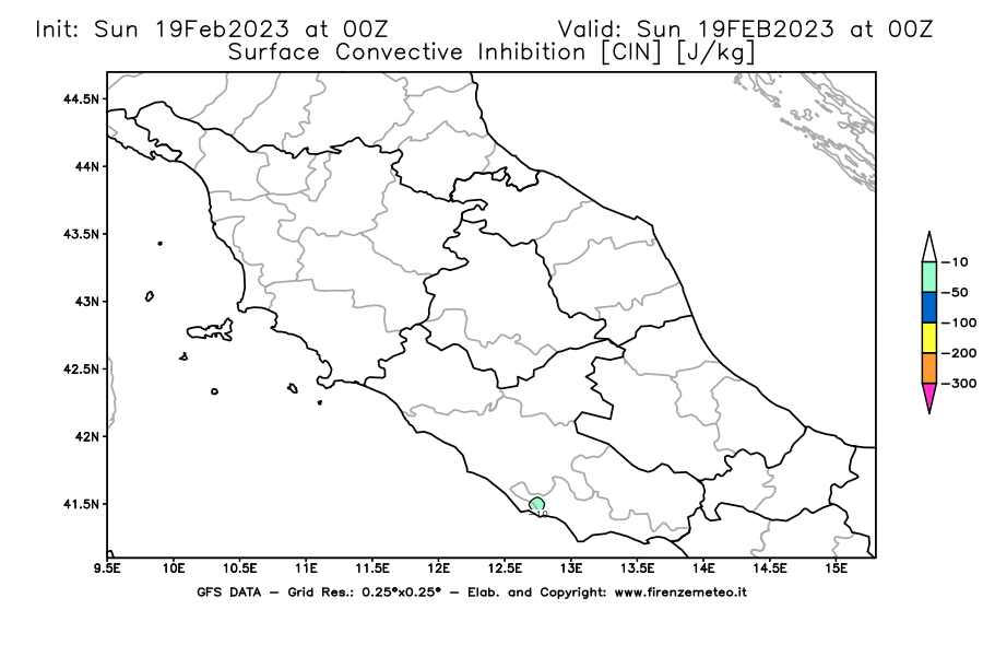 Mappa di analisi GFS - CIN [J/kg] in Centro-Italia
							del 19/02/2023 00 <!--googleoff: index-->UTC<!--googleon: index-->