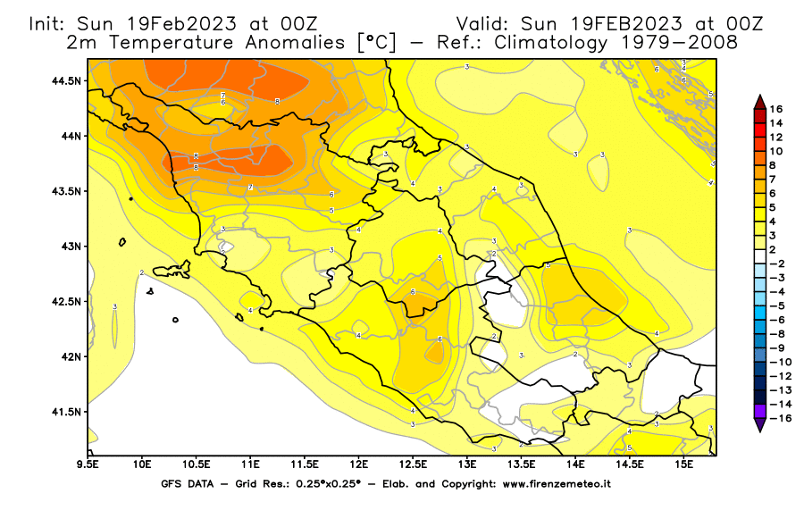 Mappa di analisi GFS - Anomalia Temperatura [°C] a 2 m in Centro-Italia
							del 19/02/2023 00 <!--googleoff: index-->UTC<!--googleon: index-->